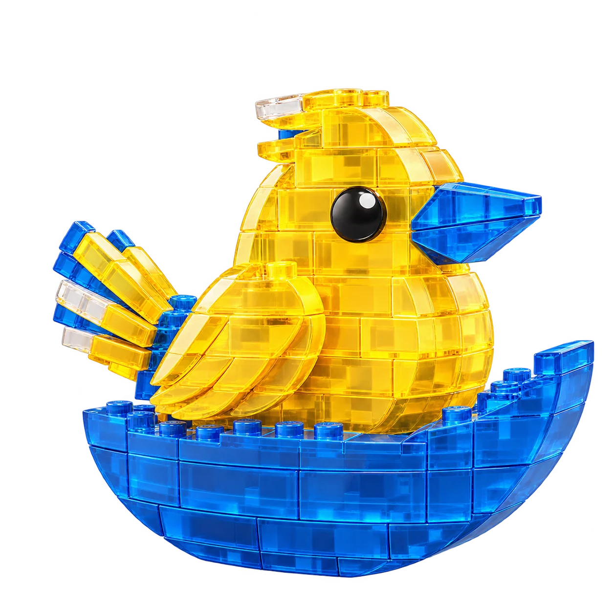 Fluenda bird built from yellow and blue bricks